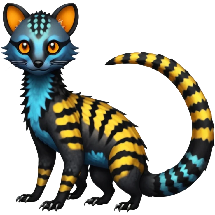 Rare warm-colored exotic edgy epic aesthetic spooky dark modern colorful cyber-Genet-Trico-Salandit-Civet-species-Fakemon-hybrid-creature, with beautiful intricate markings, full body emoji