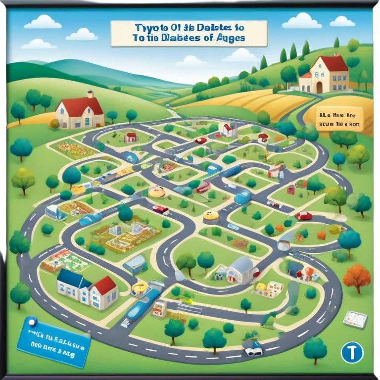 journey on a game board about Type 1 diabetes and aging with pretty pathways in a countryside (hospital, places to live, advocacy, physical changes, to share knowledge and ways of coping, energetic with text: T1D to 100 and subtext Aging with Type 1 diabetes, easy for seniors to see and understand emoji