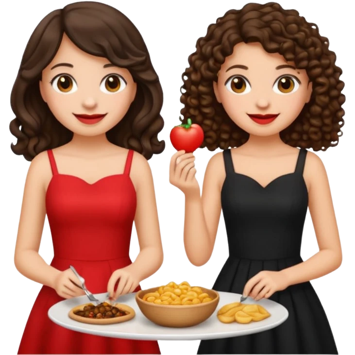 Two girls eating, one brunette with straight hair and another brunette with curly hair, emoji style, first girl has a black dress and the second girl has a red dress emoji