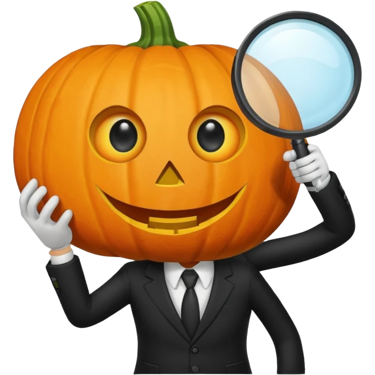 A pumpkin smiling at a magnifying glass (the magnifying glass has a suit thats black, the magnifying glass also has one eye in the middle turn the magnifying glass into a living person give the magnifying glass Normal looking eyes and give it actual arms and legs  emoji
