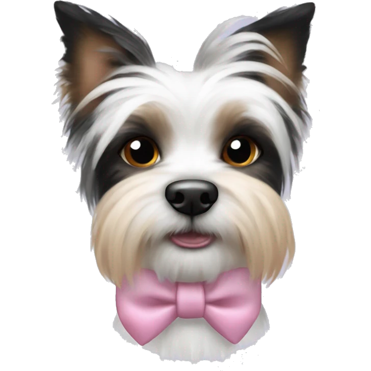 Black and white Biewer Terrier with pink bow between ears. Dog has One blue eye and one brown eye.  emoji
