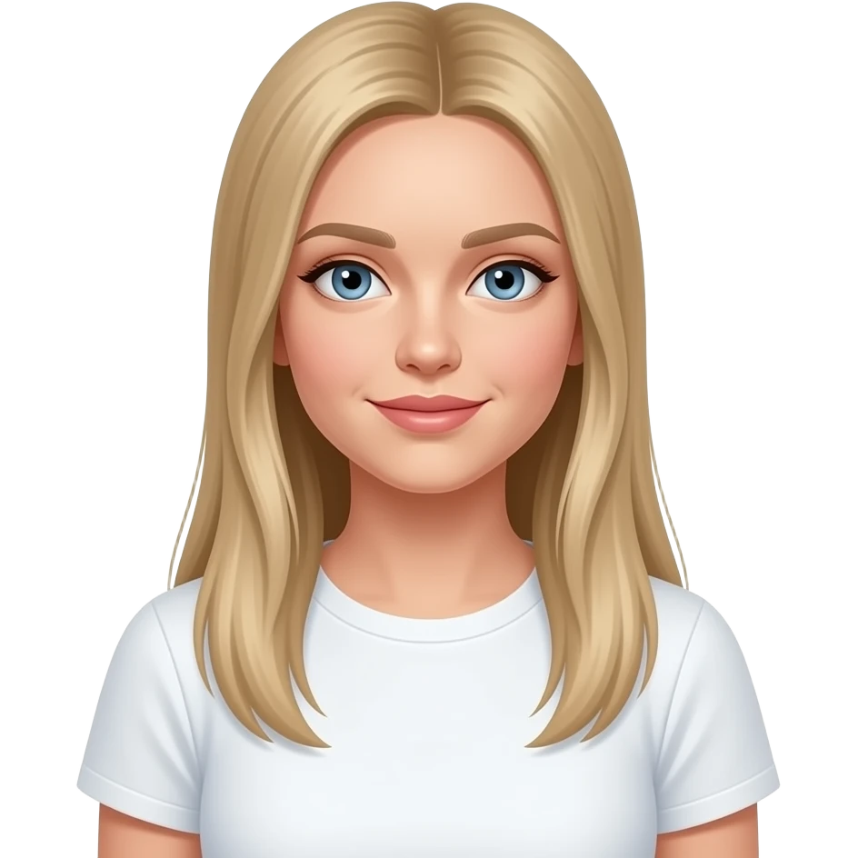 bella ragazza russa bionda capelli lisci lunghi e occhi chiari, con maglietta bianca e emoji