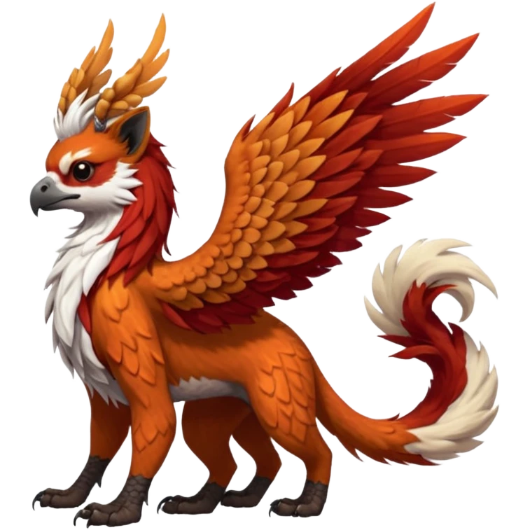 4-legged realistic scaly winged long-big-beaked Gryphon-Griffin-Griffsnuff-Talonflame-Silvally-Braviary-Red-Panda-fusion-hybrid-animal-Fakémon-creature, full body, with a long thin tufted lion-tail, long tufted winged feathery ears emoji