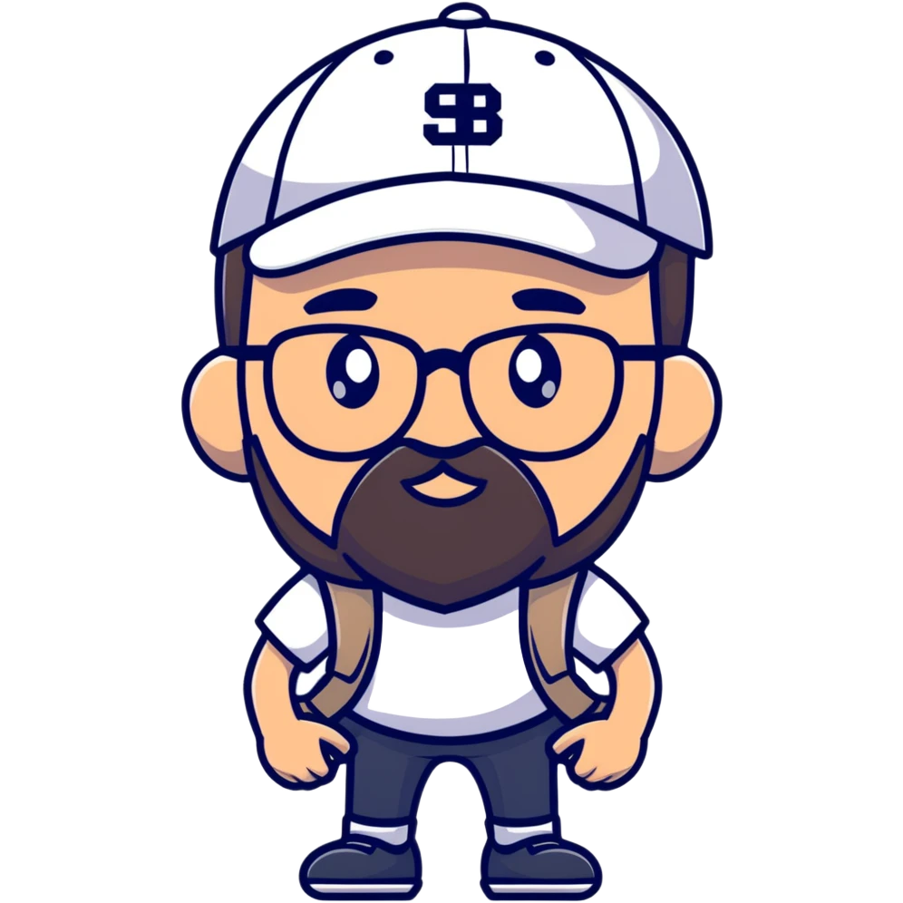adventurer with small beard, glasses and backwards baseball cap emoji