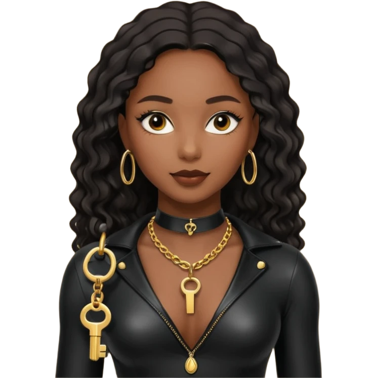 Moi belle femme métisse noire Dominatrice vêtue de Noir Cuir Latex sexy clé doré au cou emoji