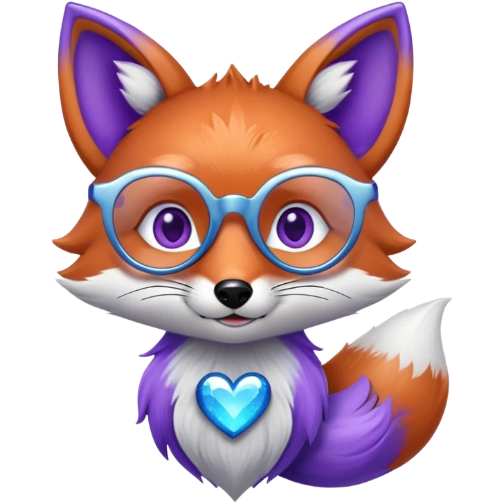 A whimsical fox with sparkling purple-blue fur, a glowing tail, a silver star on its forehead, and round glasses, with heart-shaped eyes, looking in love emoji