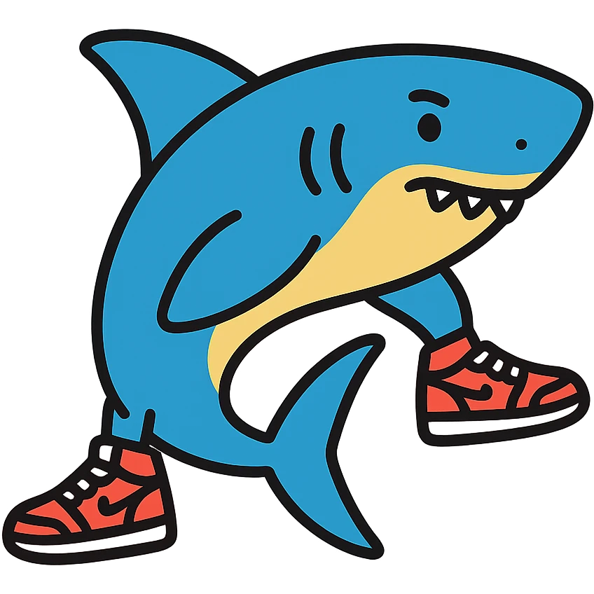 fun and bold colored outlined icon of a shark wearing Air Jordans on its fins and tail emoji