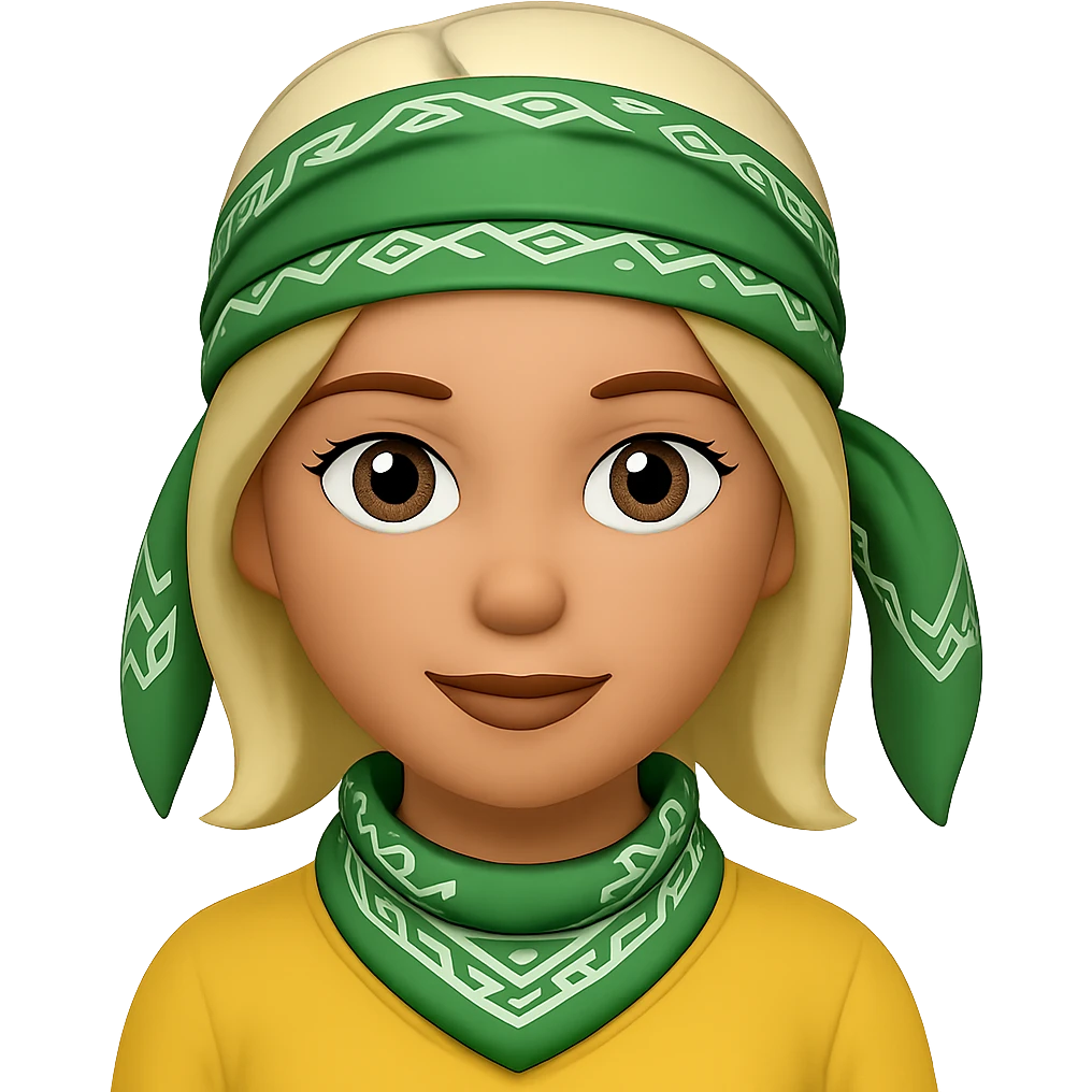 Create an image of a woman with a green bandana in the style of Apple emojis, with no background. The style should mimic the look of Apple emojis. emoji