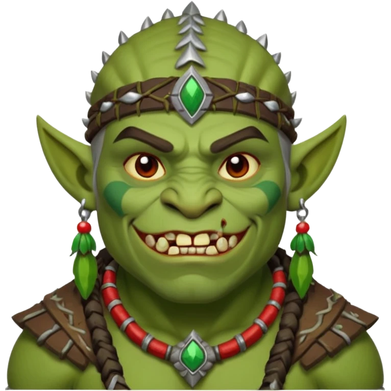Christmas fantasy orc icon, winter feast chief theme, tribal ornaments, joyful brutal expression, festive winter atmosphere, stylized emoji portrait, male/female variant
 emoji