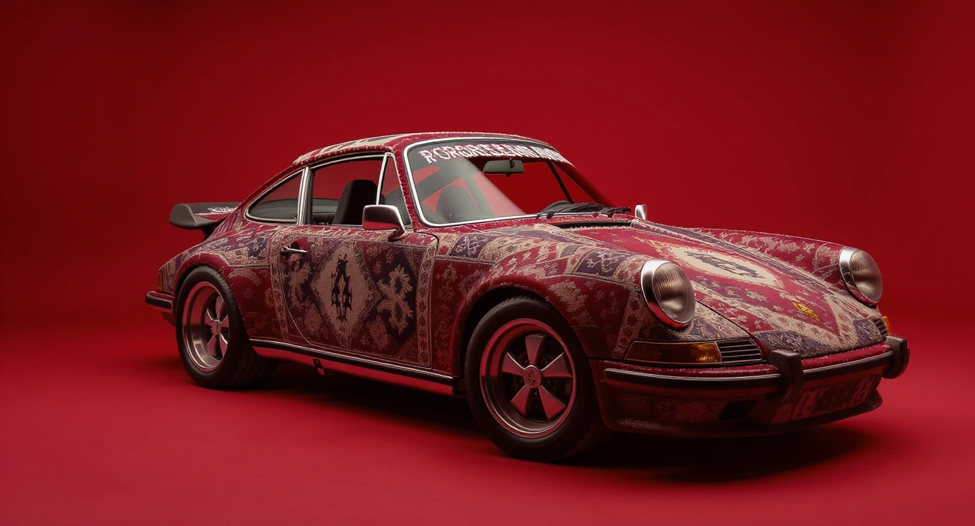 Medium shot of a porsche 911, body of car made of russian carpet with patterns, red solid studio background, low keu light, top soft light, dutch angle,  captured by ARRI 65 emoji