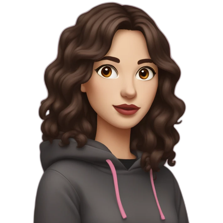 White women with long wavy dark brown hair with curtain bangs and long eyelashes dark brown eyes and pink cheeks with pink lips and thick dark brown eyebrows wearing a black hoody emoji