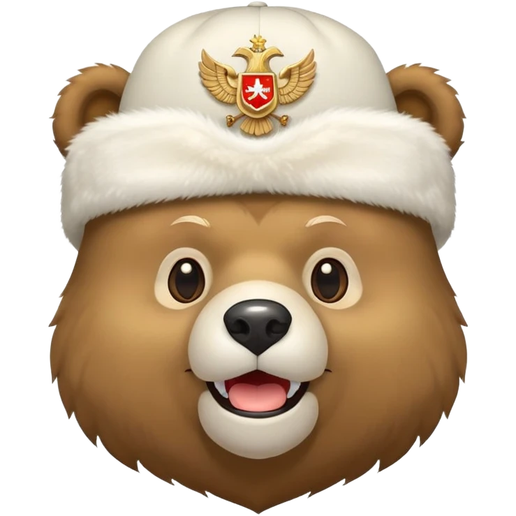 Cartoon Russian bear head wearing white furry ushanka with double-headed eagle emblem centered on the hat, iOS emoji style emoji