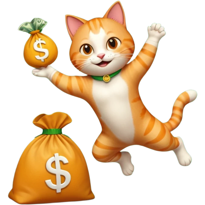 happy cat leaping into a modern money bag with a dollar symbol, emoji style emoji