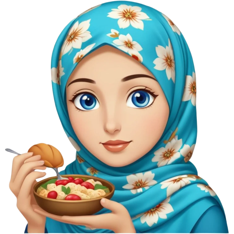 Turkish beautiful finish Konya girl blue eyes with floral hijab islamic dress and she’s savouring delicious food face emoji