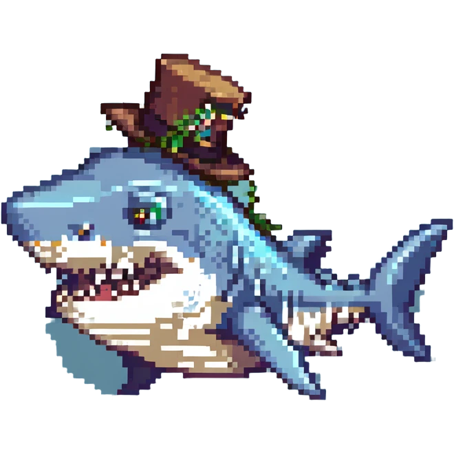 pixel art shark, blue tophat, smiling emoji
