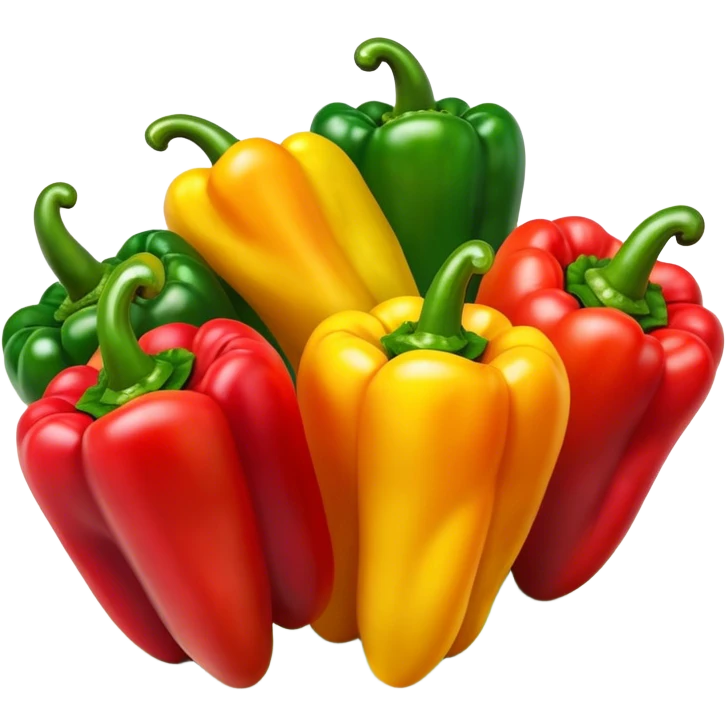 Cinematic bright colorful peppers, glossy and fresh, arranged in a vibrant mix of red, yellow, and green, warm glowing background, fresh and lively. emoji