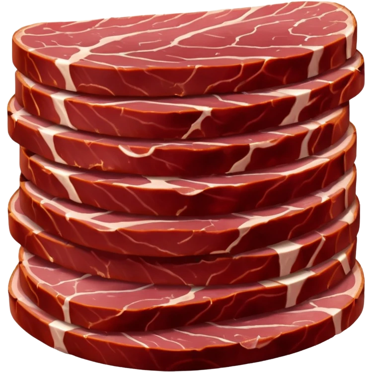 overlapping thin slices of air-dried beef, deep red color, smooth glossy surface, darker curved edges, visible lean texture, no board or packaging, soft light, subtle shadow, emoji scale emoji