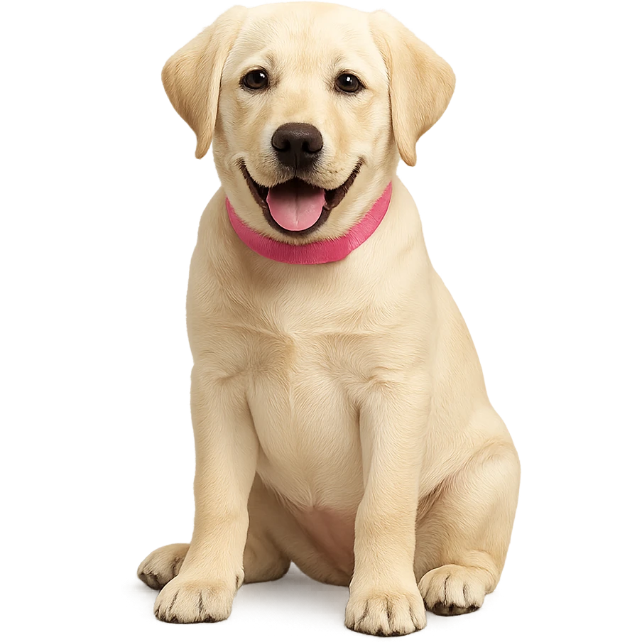 labrador girl, sitting, smiling, light fur, pink collar emoji