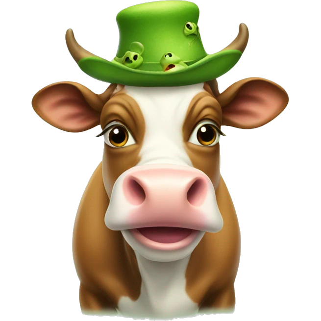A cow wearing a frog hat sticking its tongue out emoji