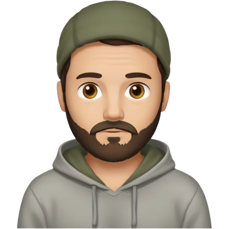 Uomo adulto con la barba capello moro occhi marroni metà busto e vestito con una felpa grigia e maglietta bianca emoji