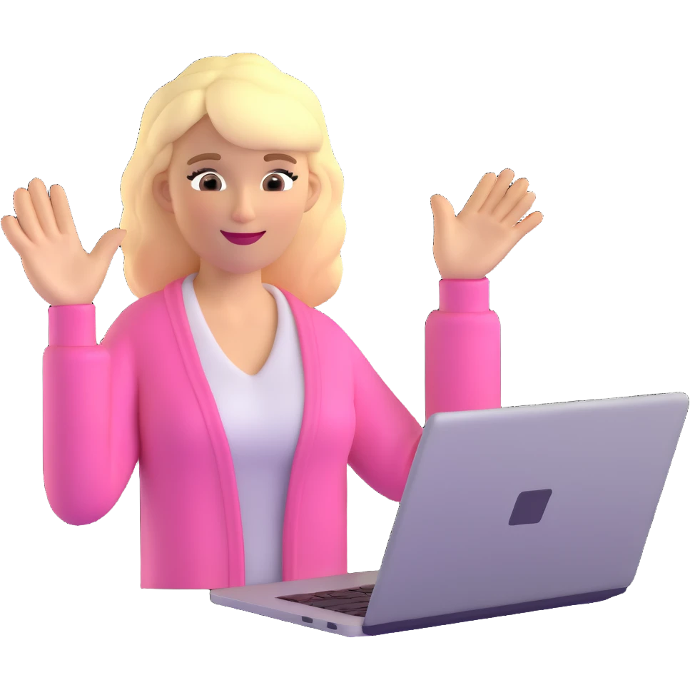 blonde woman in a pink cardigan waving while working on a laptop emoji