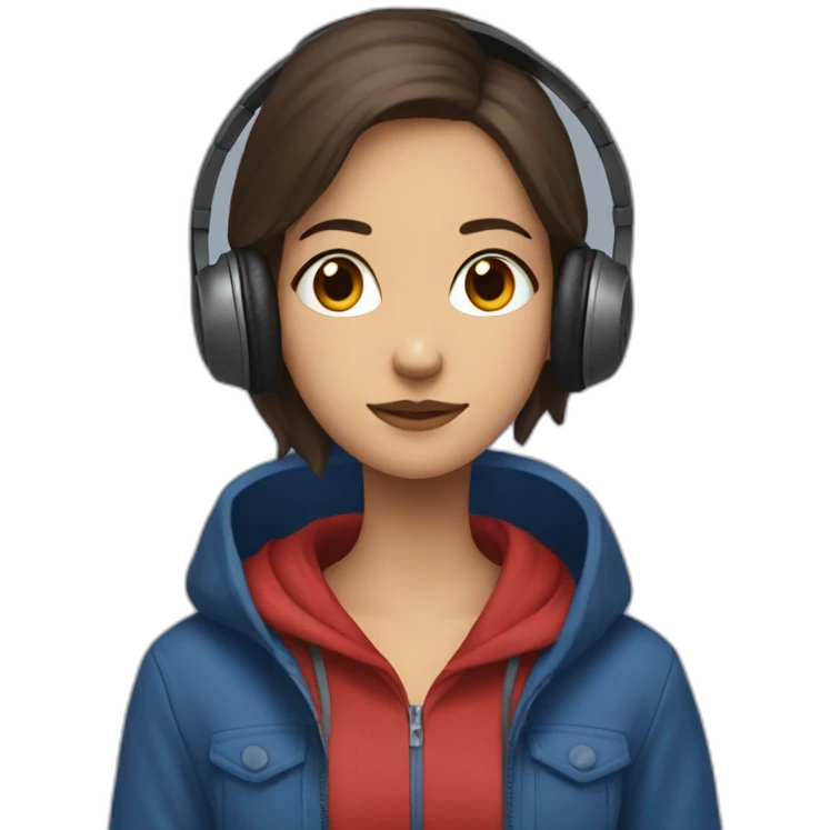 Lo-fi girl studing headphones, blue jacket, red hoodie emoji