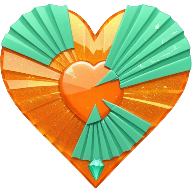orange glittery heart, chopped  in pieces like shattered glass edges  with a couple mint green art deco fans  emoji