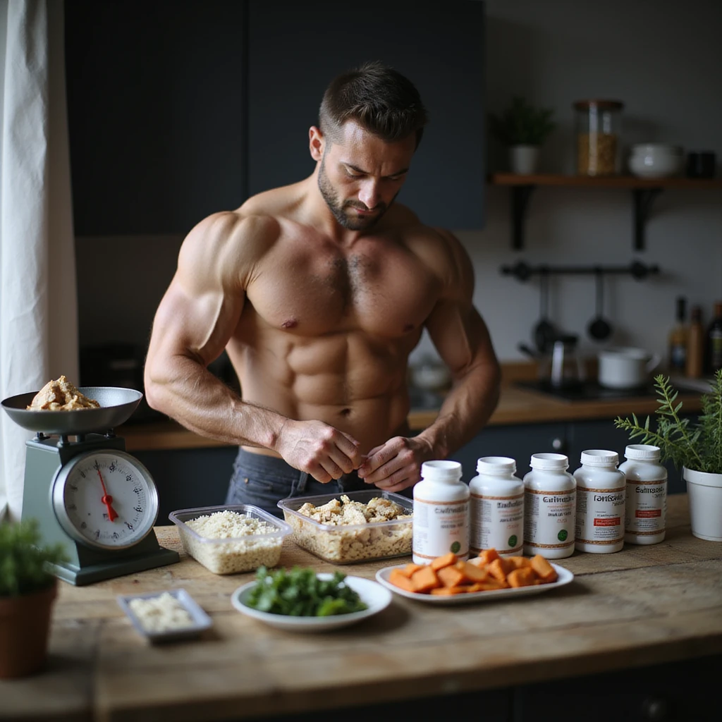 realistic scene of a male bodybuilder in kitchen preparing meals with precision scale, containers of rice, chicken, vegetables, and a row of supplement and medicine bottles labeled in Italian: 'testosterone', 'GH', 'insulina', daily preparation atmosphere emoji