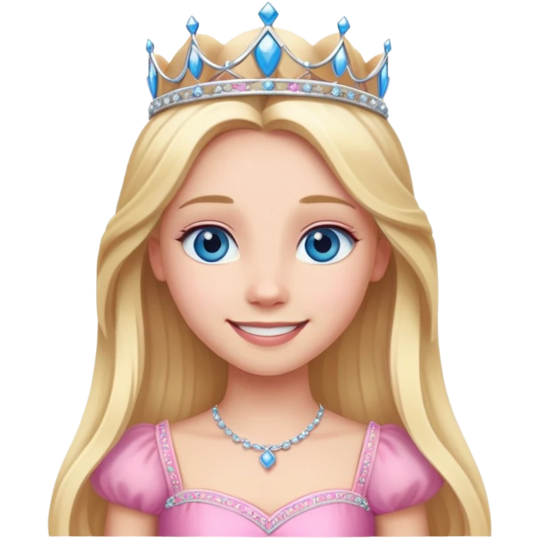 Princess with blue eyes, long blonde hair, tiara and pink dress, smiling emoji