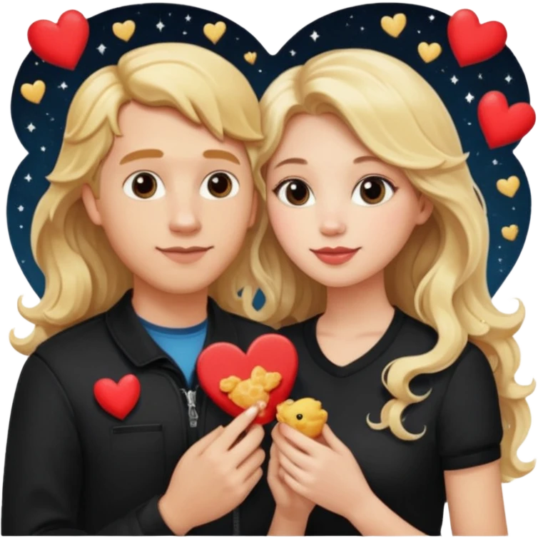 Couple with blonde hair wearing black eating chick filet hearts and outer space in the background. The girl has long wavy hair . emoji