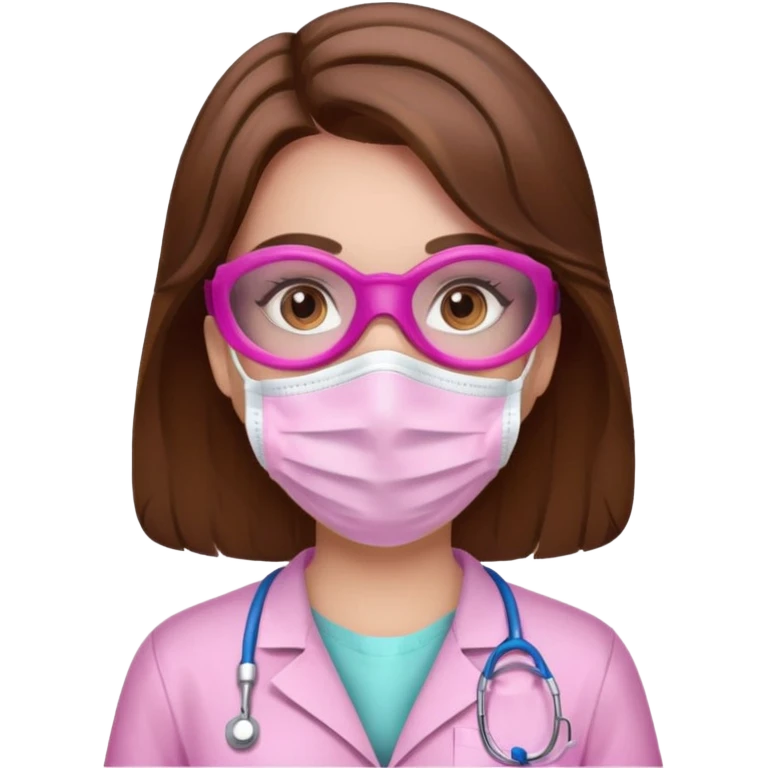 Dentista mujer con mascarilla rosada, cabellos marron, piel blanca, camisa rosada, ojos marrones emoji