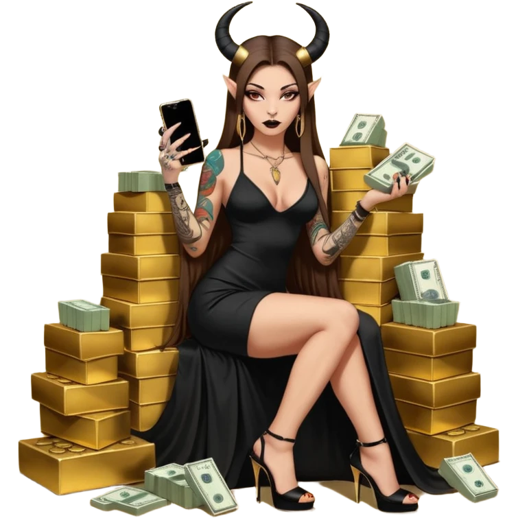 Sensual seductress long brown straight haired sexy drug lord woman with tattoos on arm sleeves and black gold platform high heels on her feet,  and devil black horns on her head, holding a stack of cash, has a phone in other hand. Sitting on gold cases full of drugs, long black dress with sexy slit emoji