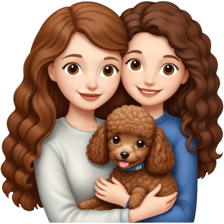 A white skinned girl with long brown hair tightly embraces a mini poodle emoji