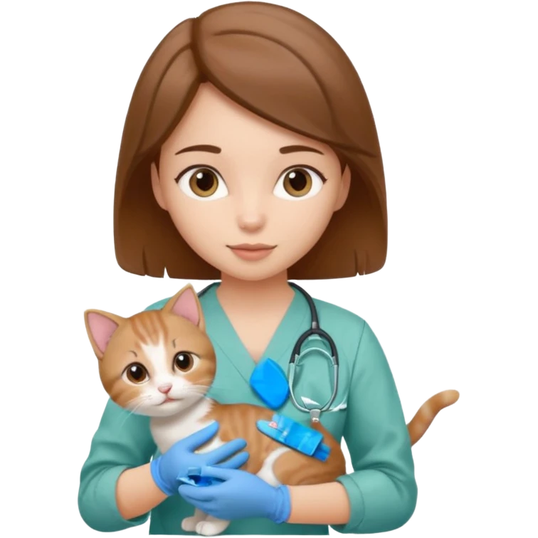 Young female vet – scrubs, gloves, examining kitten. emoji