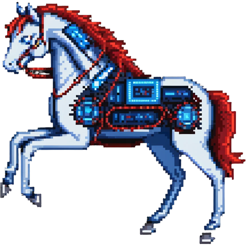 fast electric horse made of electricity, metal plates, bolts, visible blue and red wires, lightning coursing through its body, cybernetic emoji