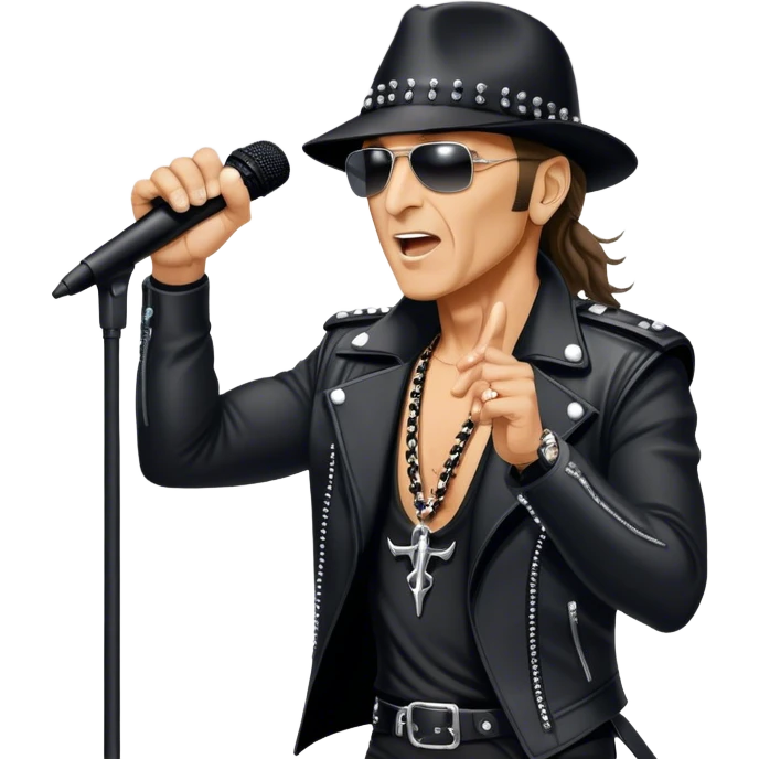Icon for Rock Music: Klaus Meine with a microphone on the stand performing with Scorpions on stage, with powerful stage presence. The vibe should capture the energetic and iconic sound of Scorpions, with vibrant lighting and a stadium atmosphere. Transparent background. emoji