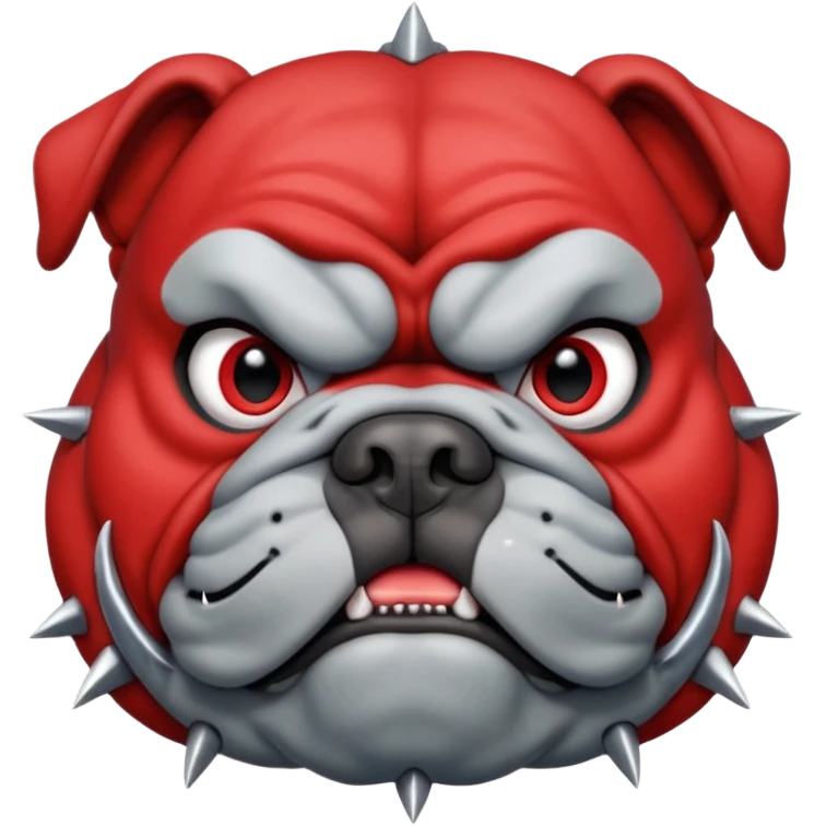 Create a fierce bulldog head emoji facing forward.
Strong jaw, deep wrinkles, and an intense scowl.
slight underbite with two visible fangs.
Dark gray fur with bold highlights and shading for depth.
Add a thick spiked collar (red or black) with shiny metallic spikes.
 emoji