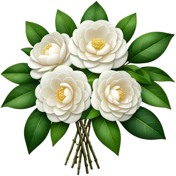 big bouquet White Camellia, luxuriant, stem, leaf emoji