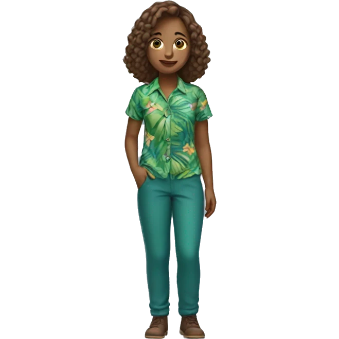 Girl with blue and green tropical shirt with brown pants emoji