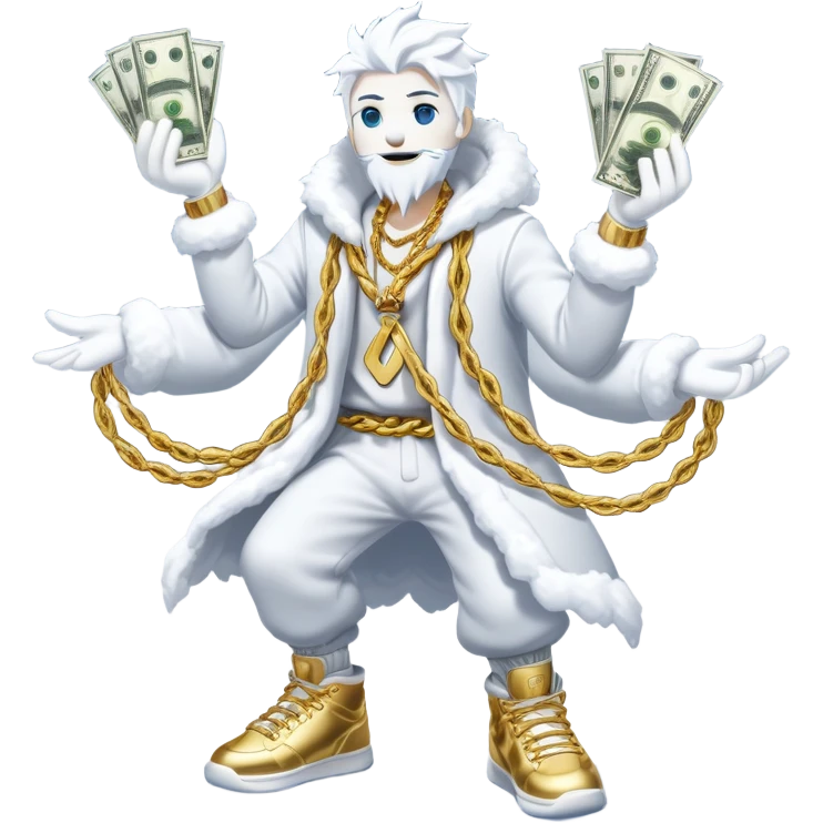 Snow elemental shaped more like a human—think tall, jointed limbs, maybe even facial expressions made of snow flaunting money wearing gold rope chain with jacket and Jordan sneakers emoji