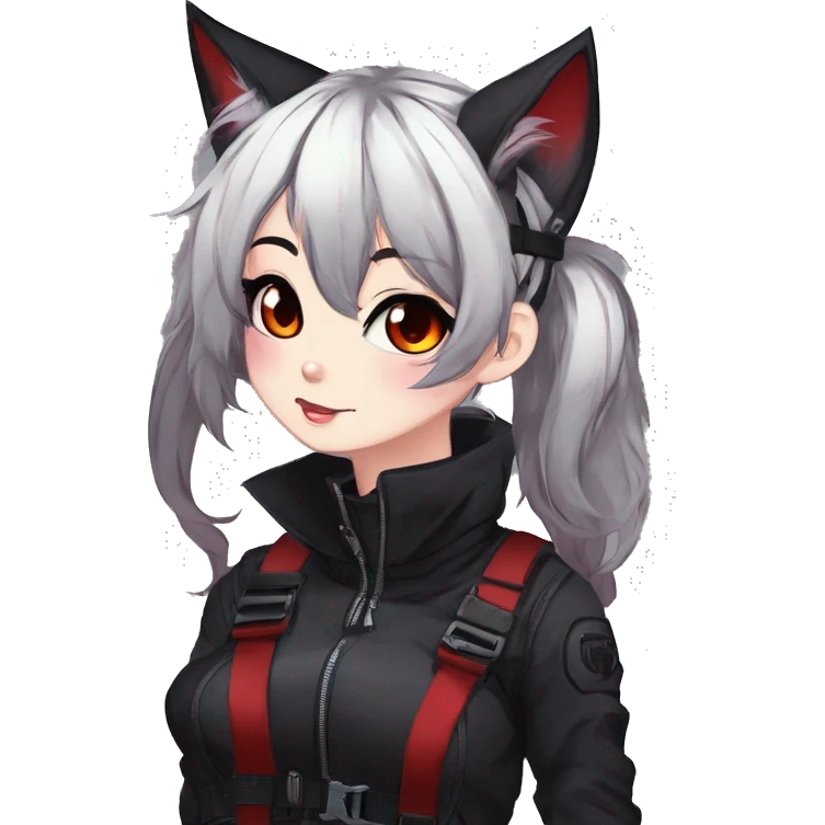 Gorgeous gothic dark techwear anime style anthro cat furry sona with blushing face aesthetic and pretty edgy black red punk messy ponytail hair with collar and harness trending style emoji
