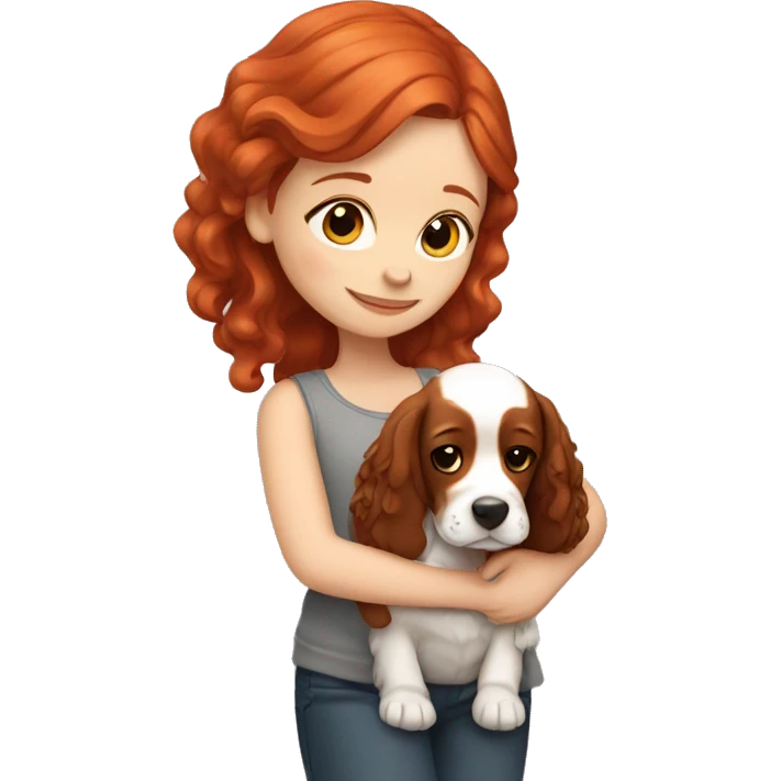 A very cute girl with red hair cuddling an English Cocker Spaniel. emoji