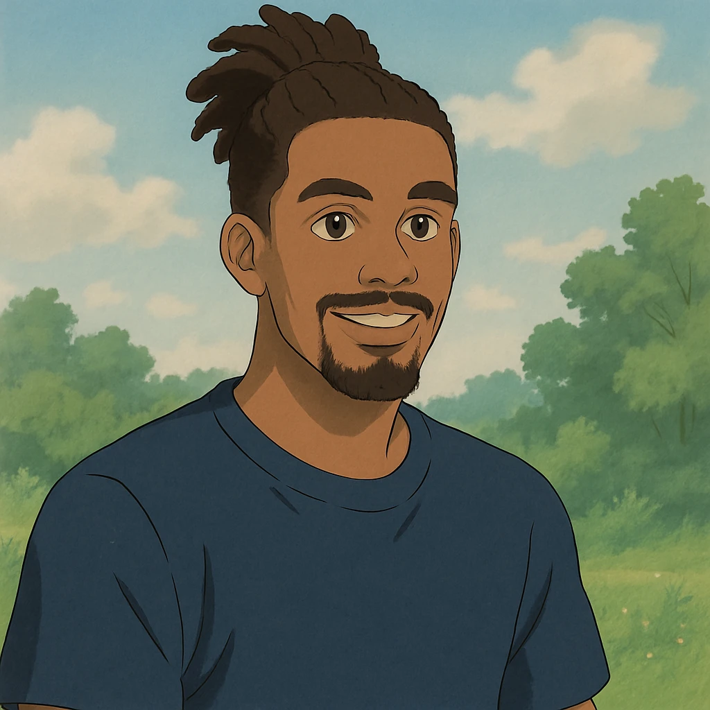Jalen in Ghibli style, outdoors, subtle background emoji