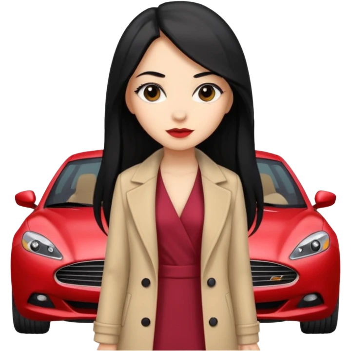 A fast, expensive black car with a young woman beside it The young woman has long black hair, wears a beige formal coat, and underneath is a cherry-colored dress. With expensive blak caaar emoji