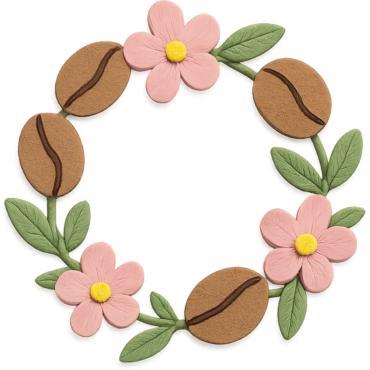 coffee bean floral wreath with leaves and flowers, hand-drawn pastel design emoji