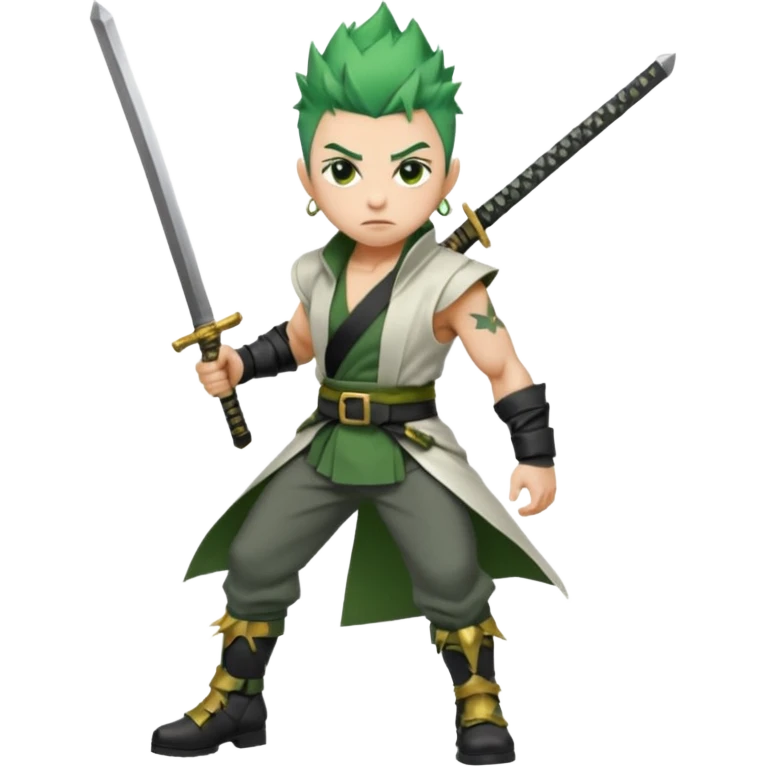 Muscular scarred warrior, short spiky moss-green hair, sharp steel-grey eyes, strong jaw, serious stare. Black trousers, boots, green sash with three katanas, open white coat, three gold earrings. Cinematic, ultra-realistic. (Roronoa Zoro) emoji