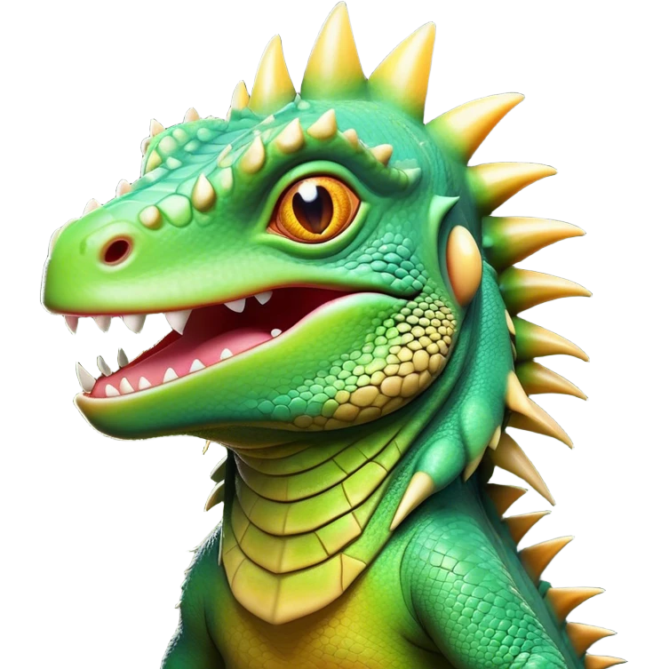 Cinematic Comical Iguana Portrait Emoji, Head tilted dramatically with an exaggeratedly shocked expression, featuring a robust, textured body with a quirky, spiky crest and wide, comically expressive eyes full of playful disbelief, Simplified yet hilariously expressive features, highly detailed, glowing with a slightly sassy jungle glow, high shine, dramatic yet playful, stylized with an air of quirky reptilian mischief, soft glowing outline, capturing the essence of a meme-worthy iguana that looks ready to side-eye its way into viral fame! emoji
