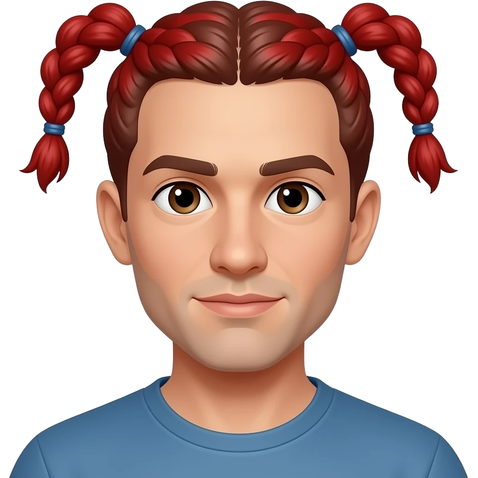 Faz me um homem com 2 tranças vermelhas com elas para traz da cabeça para que n apareça sem barba com olhos castanhos emoji