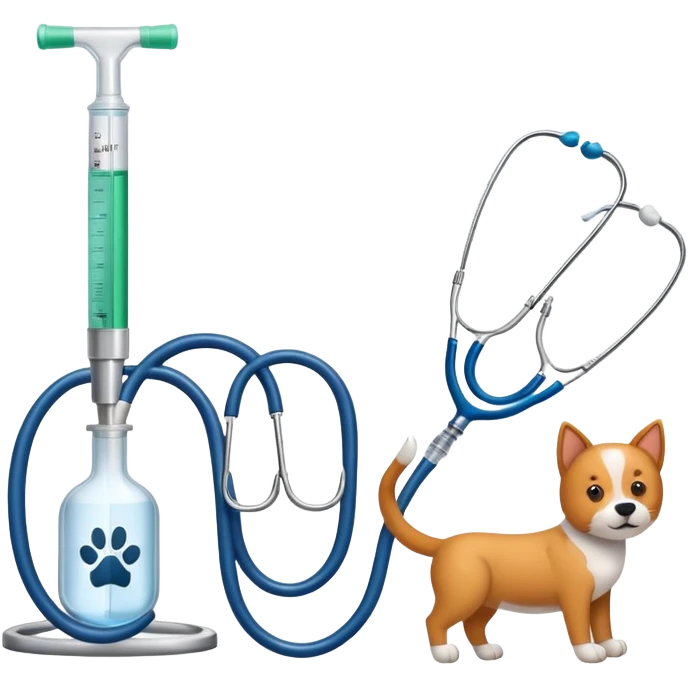 An icon featuring a stethoscope, a paw print, and a syringe, symbolizing veterinary medicine. The design includes a dog and a cat, alongside medical tools, representing animal care, diagnosis, and treatment. Transparent background highlights the science of animal health and well-being. emoji
