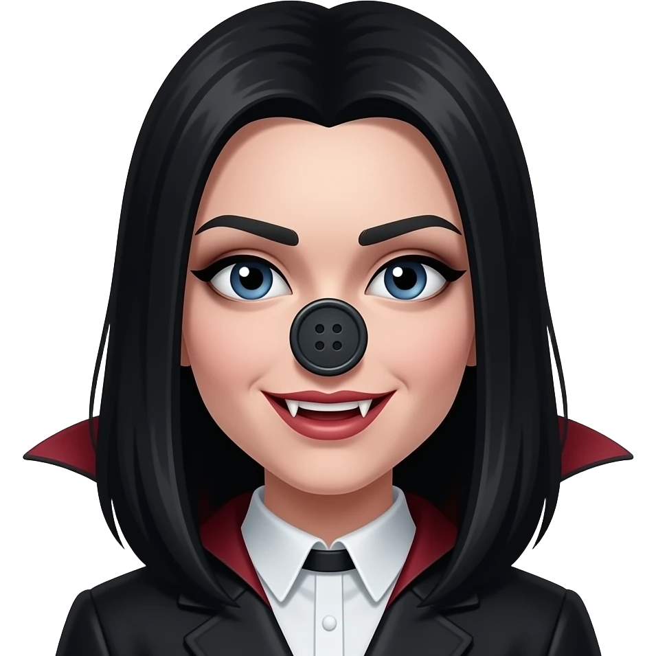 Black hair vampire girl with button nose facing forward with fangs showing emoji